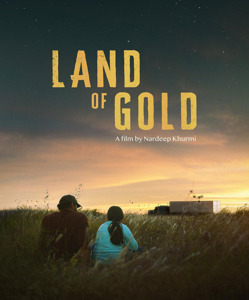 Nardeep Khurmi's "Land of Gold" poster with the two main characters sitting in a field watching the sunset.