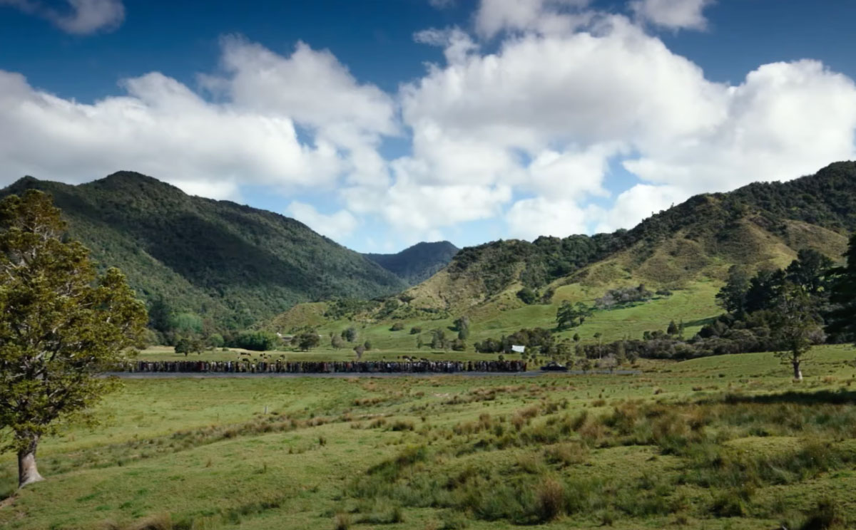 A still of the New Zealand landscape with protesters marching in the distance.